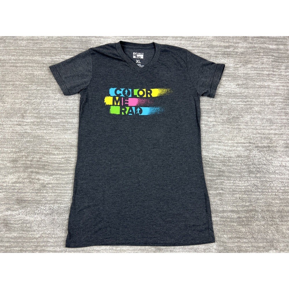 Color Me Rad Graphic T-Shirt Women XL Gray V-Neck Short Sleeve Running 5K Run